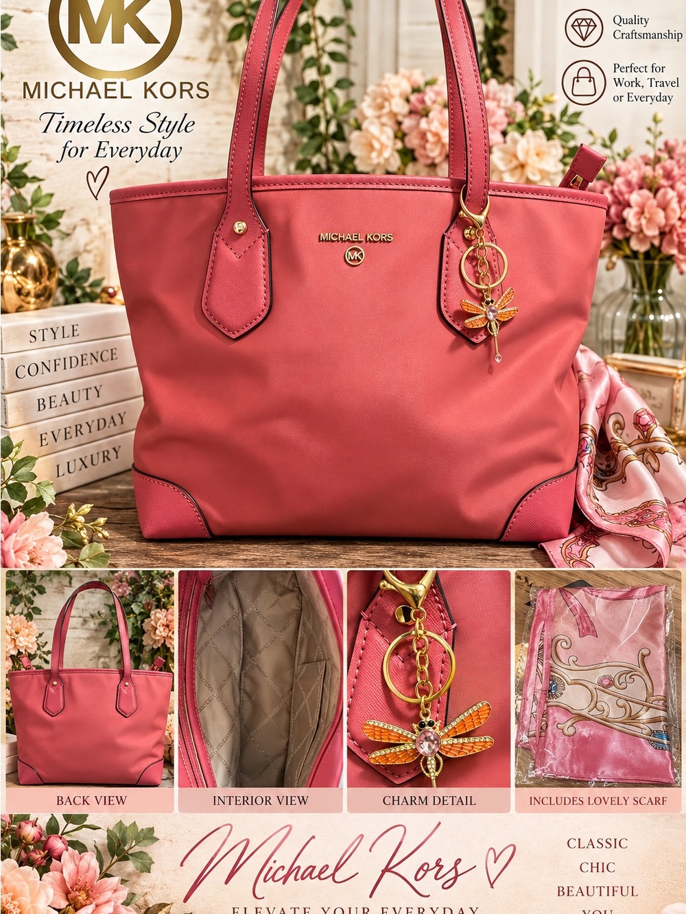 Michael Kors Coral Pink Tote with Gold-Tone Charm